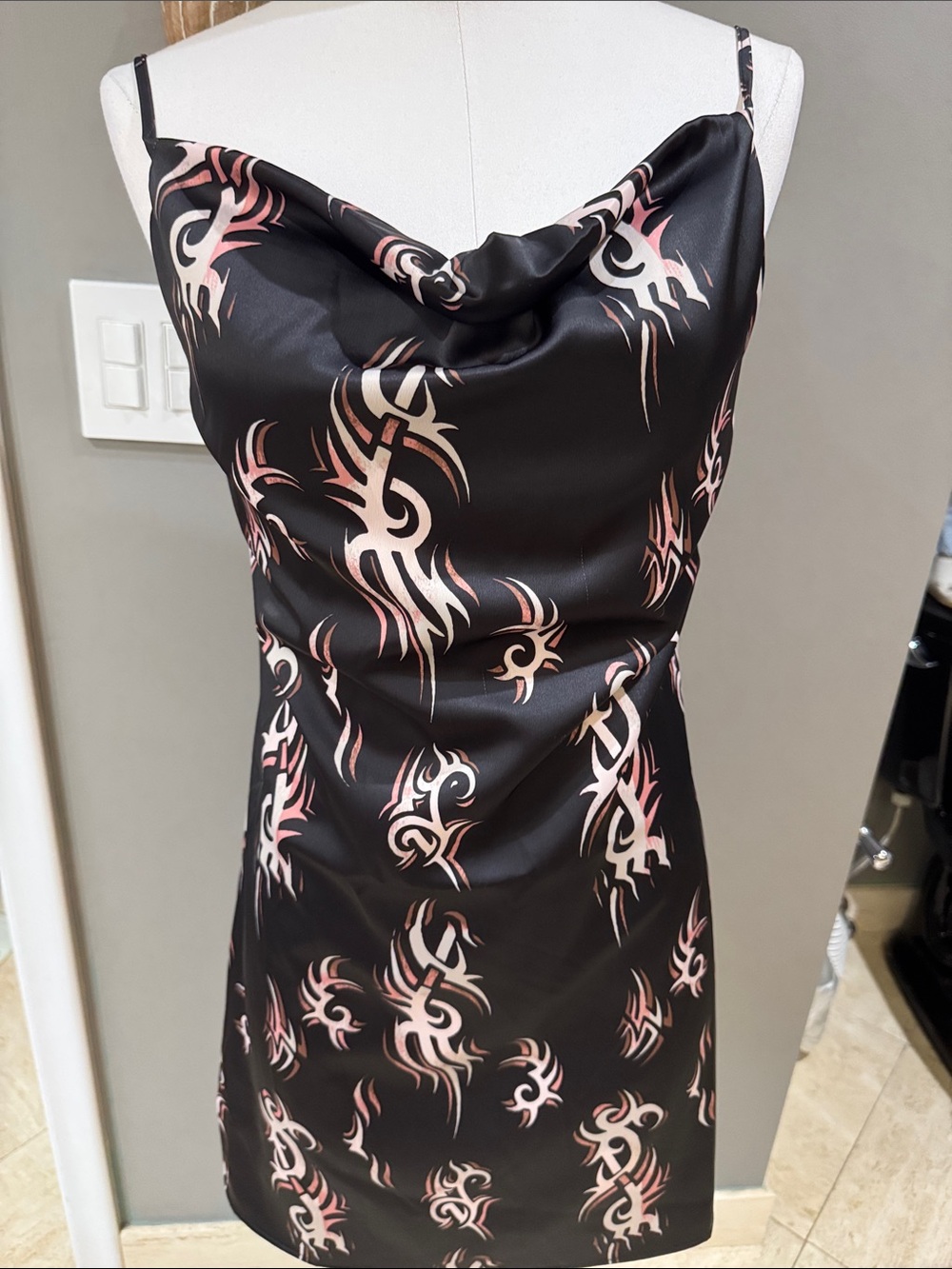 Urban Outfitters Black Slip Dress with Pink Cream Tribal Print